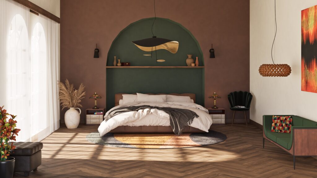 Chambre contemporaine avec niche murale verte, lit central et bois