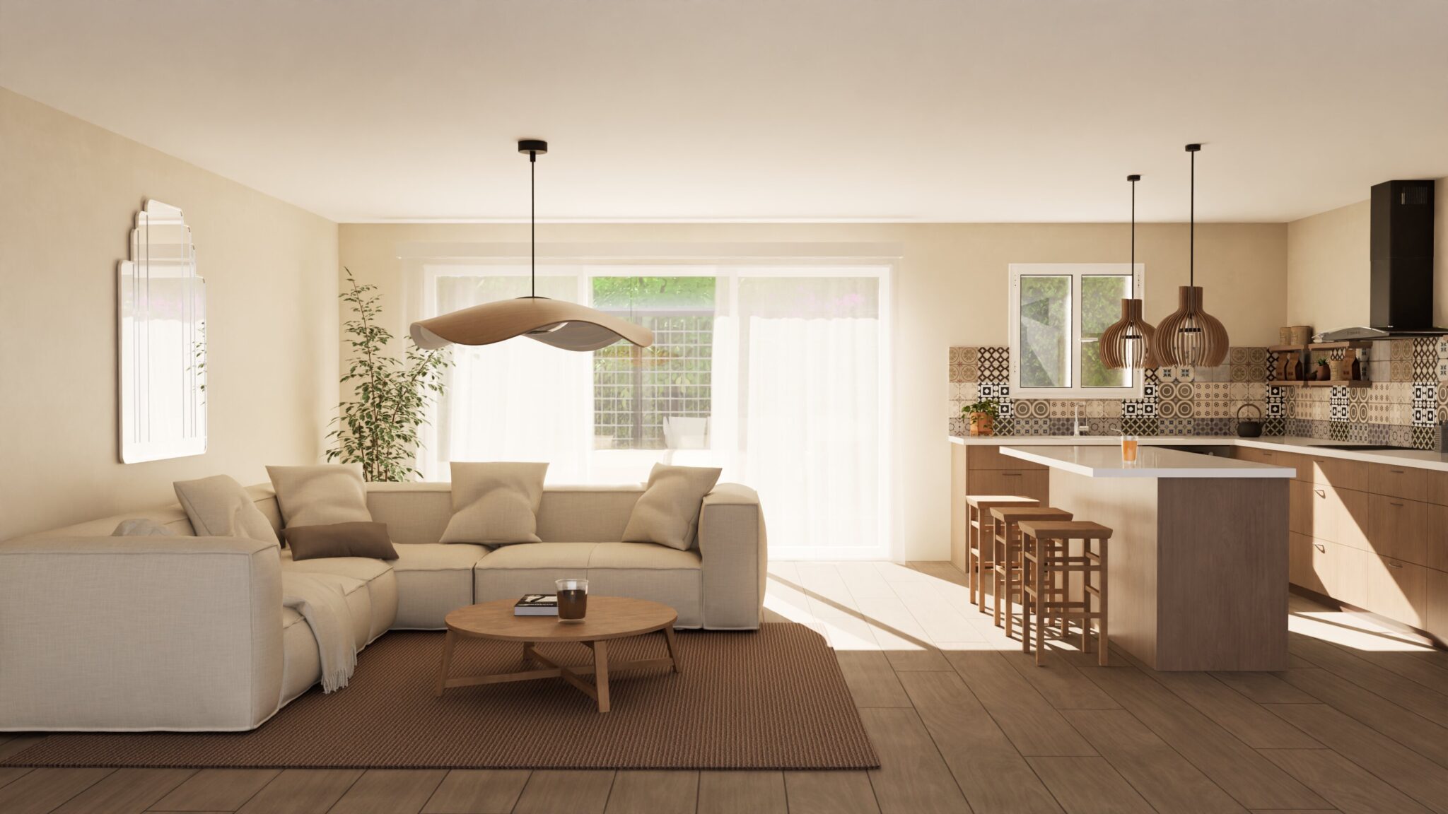 Séjour cuisine ouverte avec îlot central, bois, lumière naturelle et canapé beige