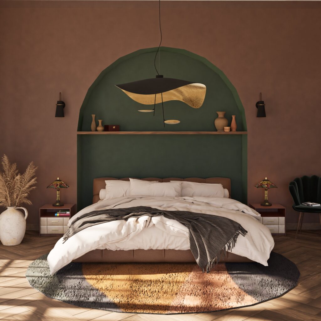 Chambre avec arche verte, lit central, suspensions et appliques lumineuses