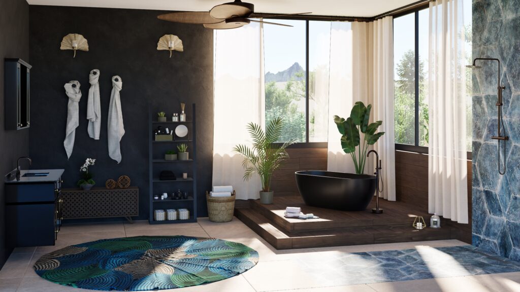 Salle de bain contemporaine avec baignoire îlot, douche ouverte et matières naturelles