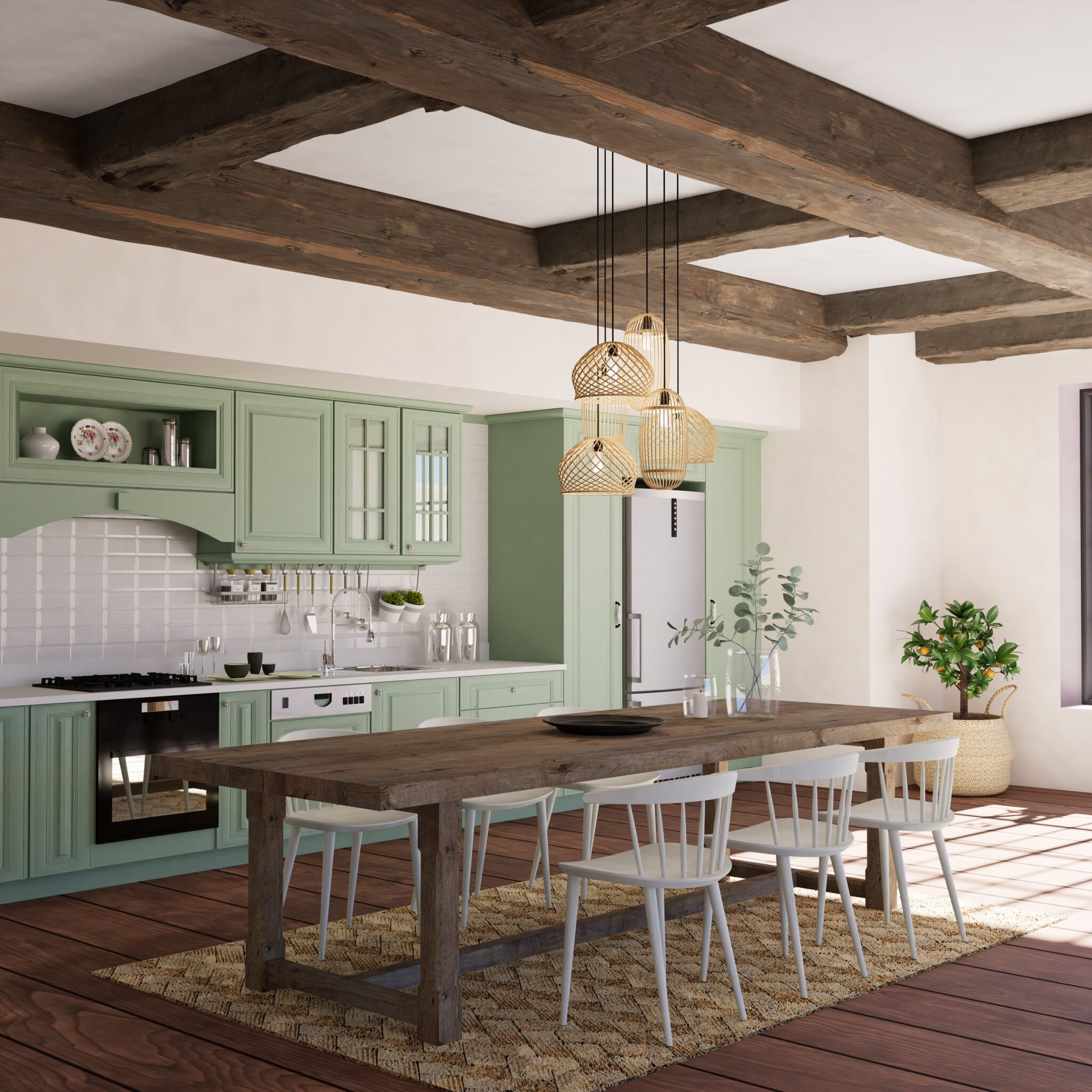 Cuisine avec meubles verts, poutres apparentes, table bois et chaises blanches